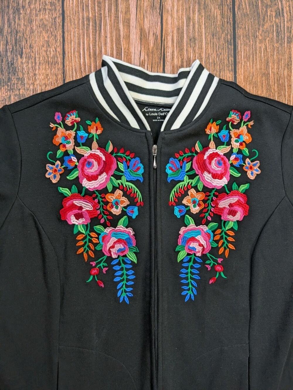 Linea Leisure Floral Embroidered Baseball Varsity Jacket Boho Black Size 2X